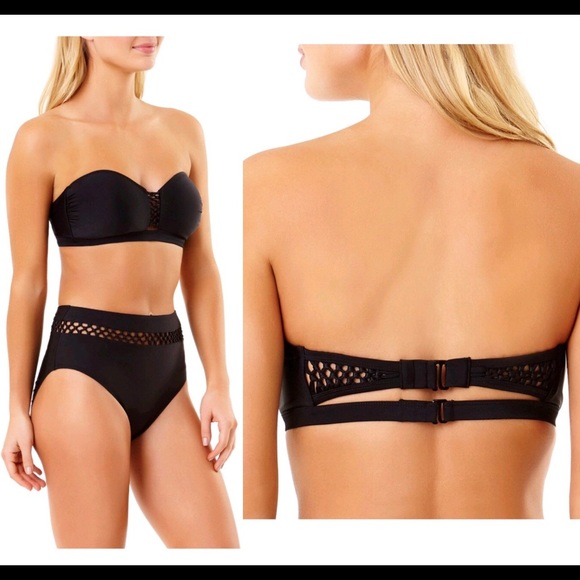 NEW T&T Solid Bandeau Bikini Top Swim Small Black Detachable Strap Women’s - Picture 3 of 16